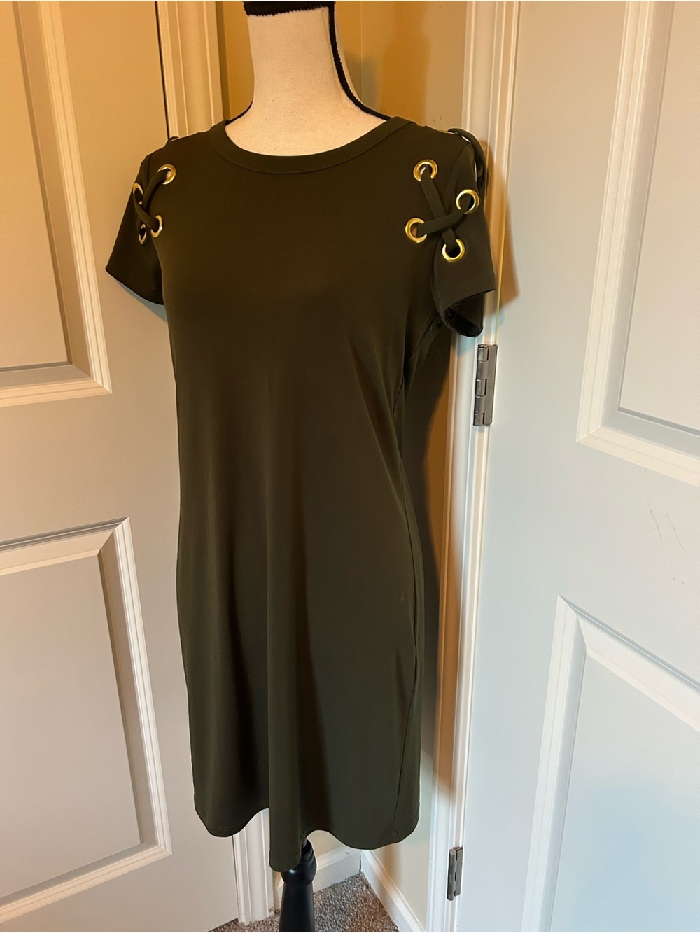 Michael Kors Olive Green Short Sleeve Grommet Shift Dress